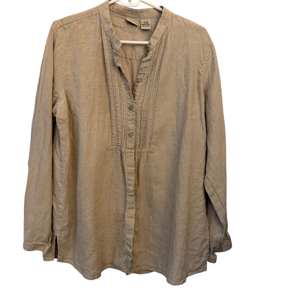 L.L. Bean Women's Beige Tunic Top linen embroidered button up size xl